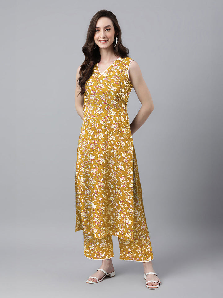 Mustard Cotton Floral Printed Kurta Set