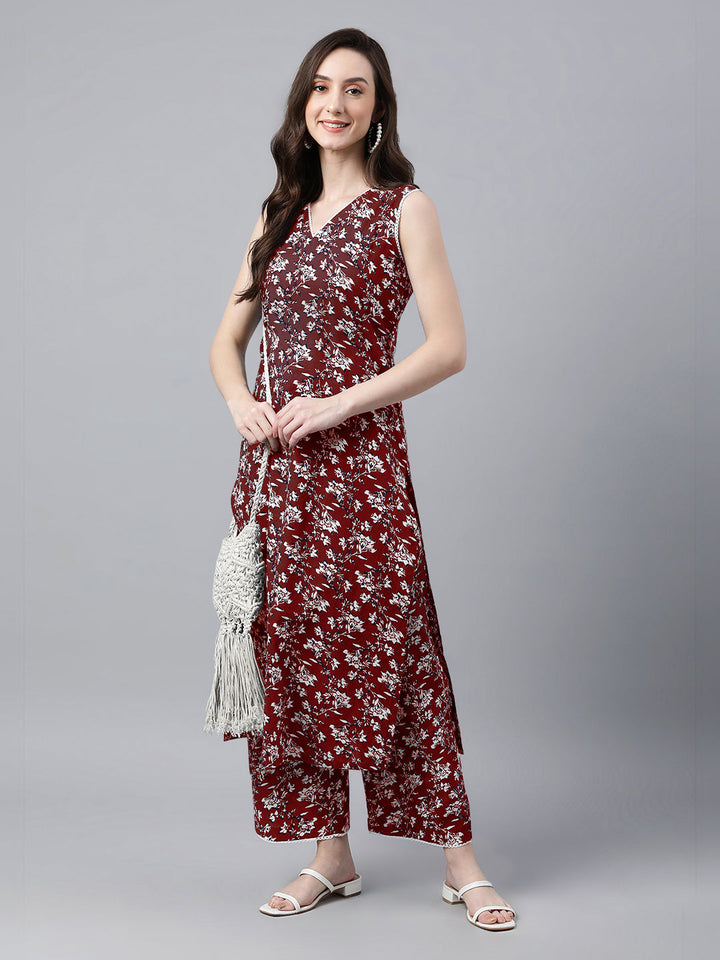 Maroon Cotton Hand Block Floral Kurta Set