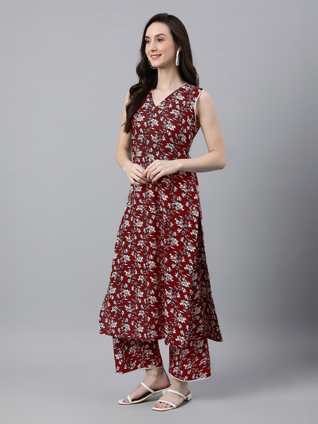 Maroon Cotton Hand Block Floral Kurta Set