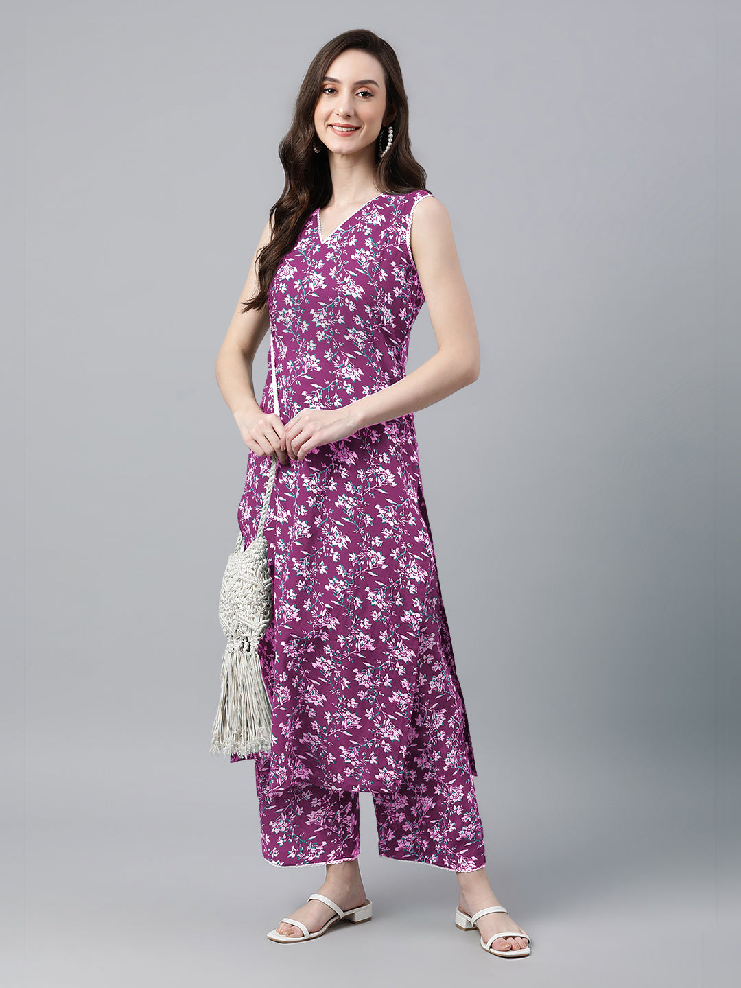 Purple Cotton Hand Block Floral Kurta Set