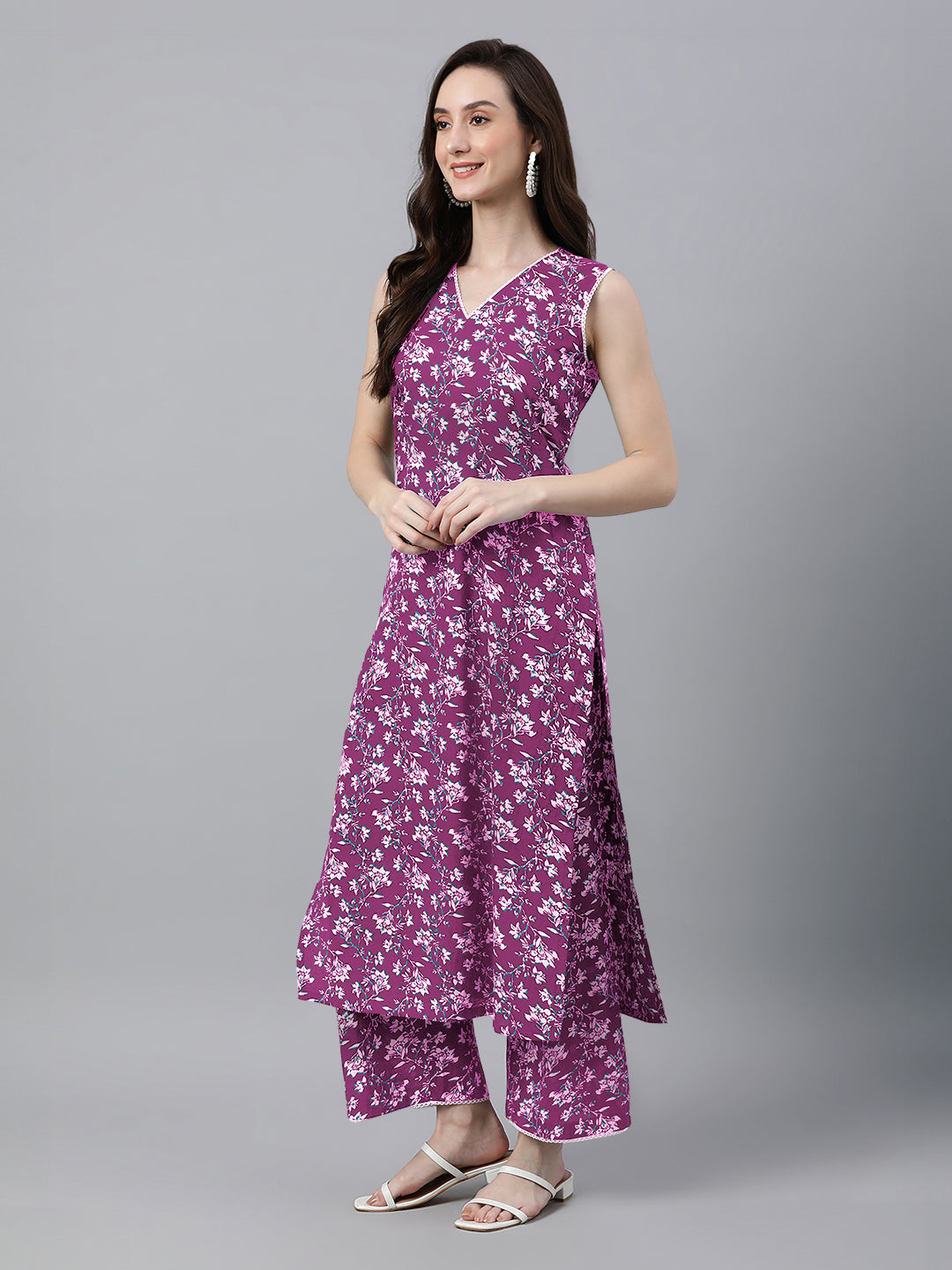 Purple Cotton Hand Block Floral Kurta Set