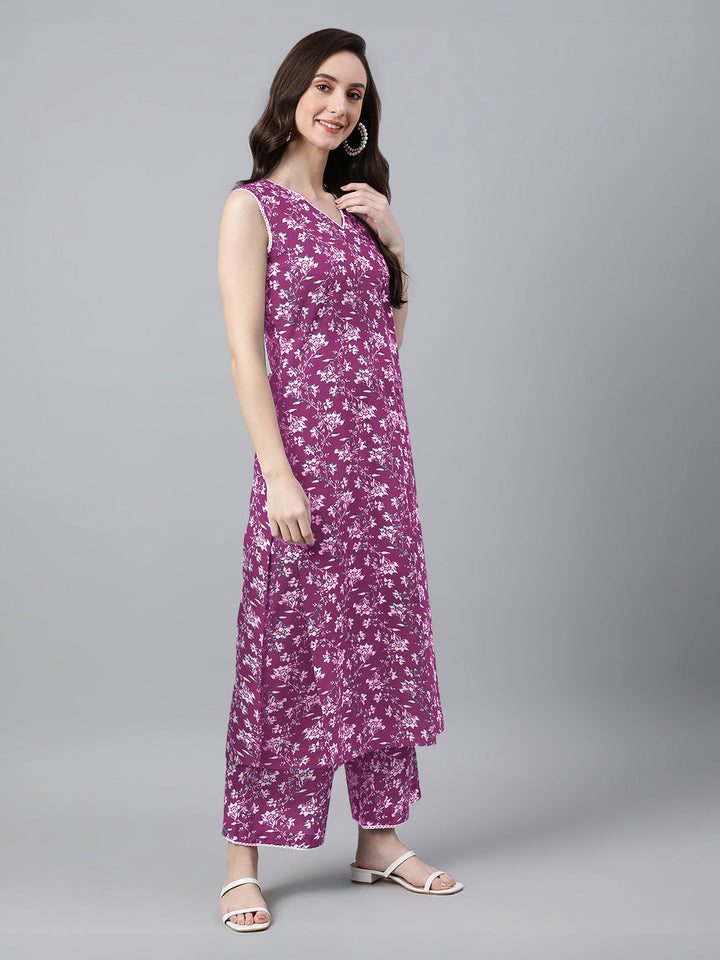 Purple Cotton Hand Block Floral Kurta Set