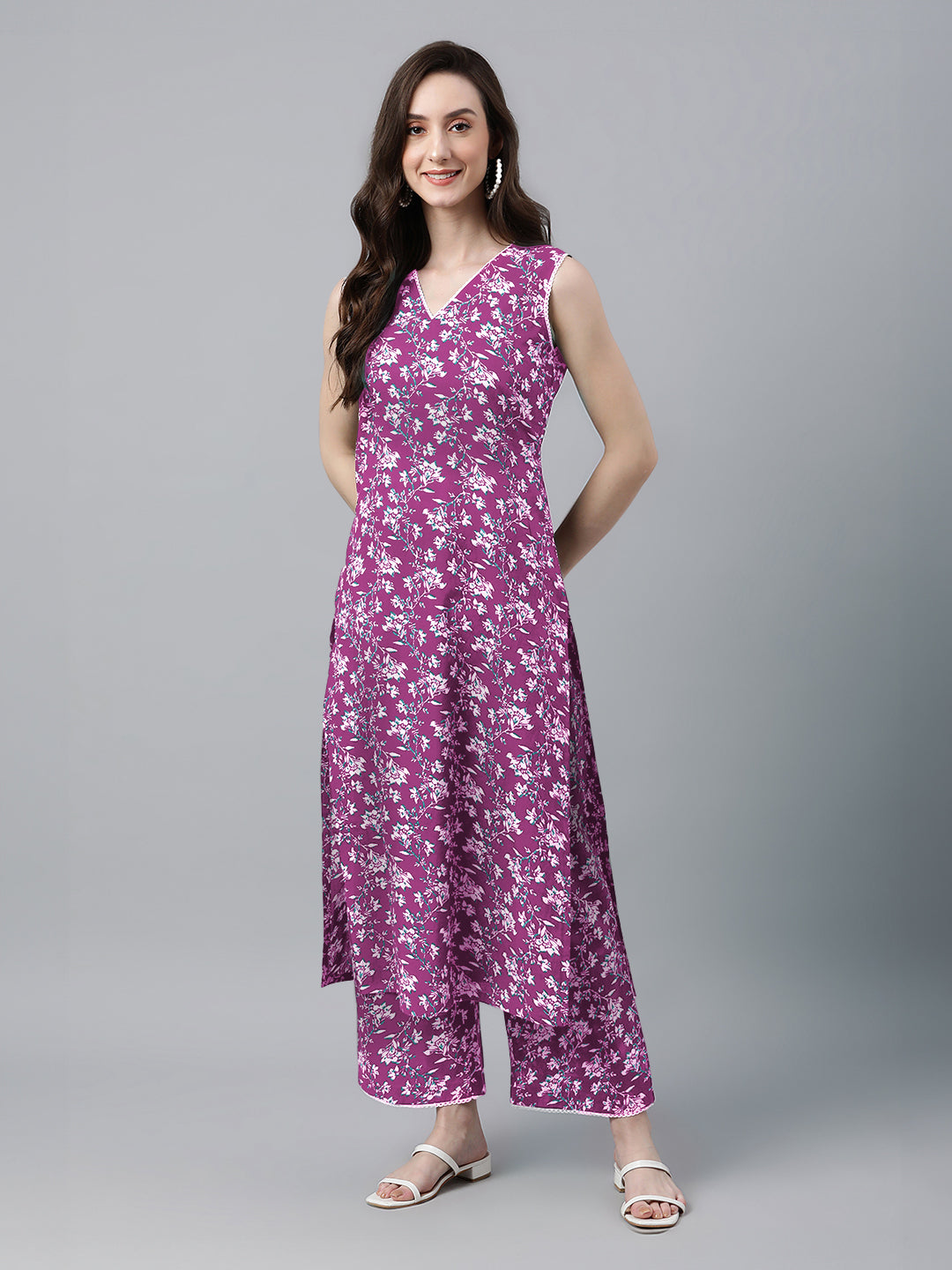 Purple Cotton Hand Block Floral Kurta Set