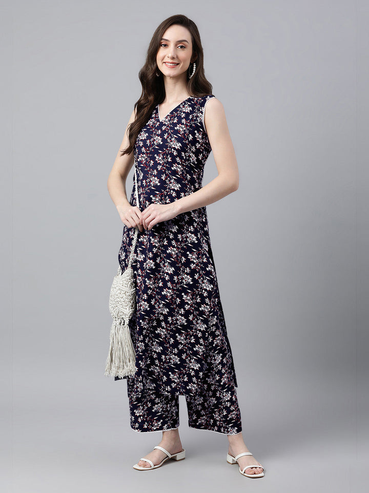 Navy Blue Cotton Floral Printed Kurta Set