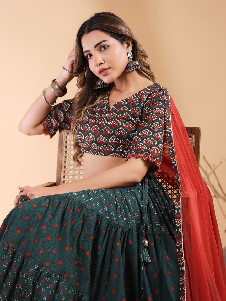 Dark Green Cotton Printed Lehenga Choli Set