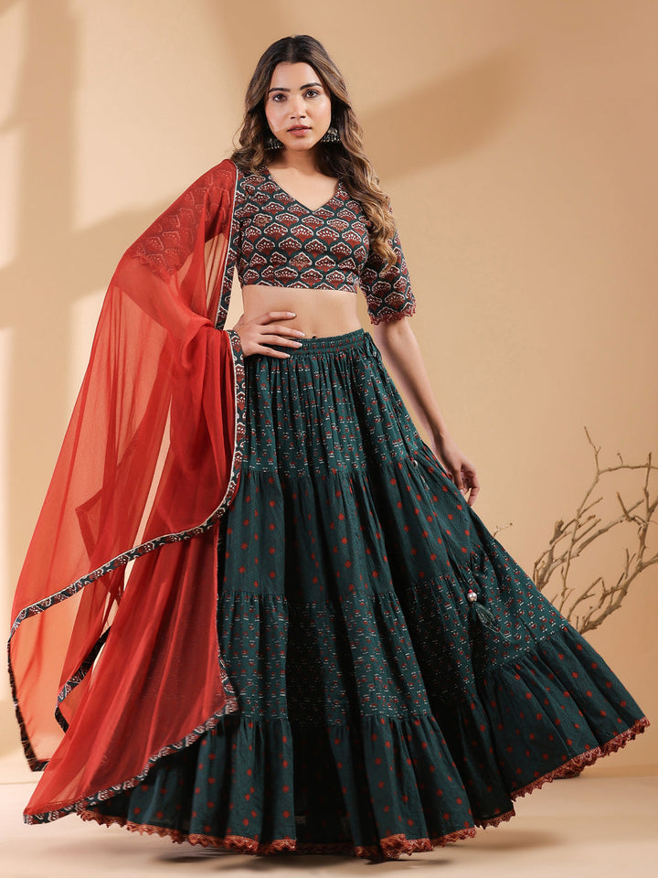 Dark Green Cotton Printed Lehenga Choli Set