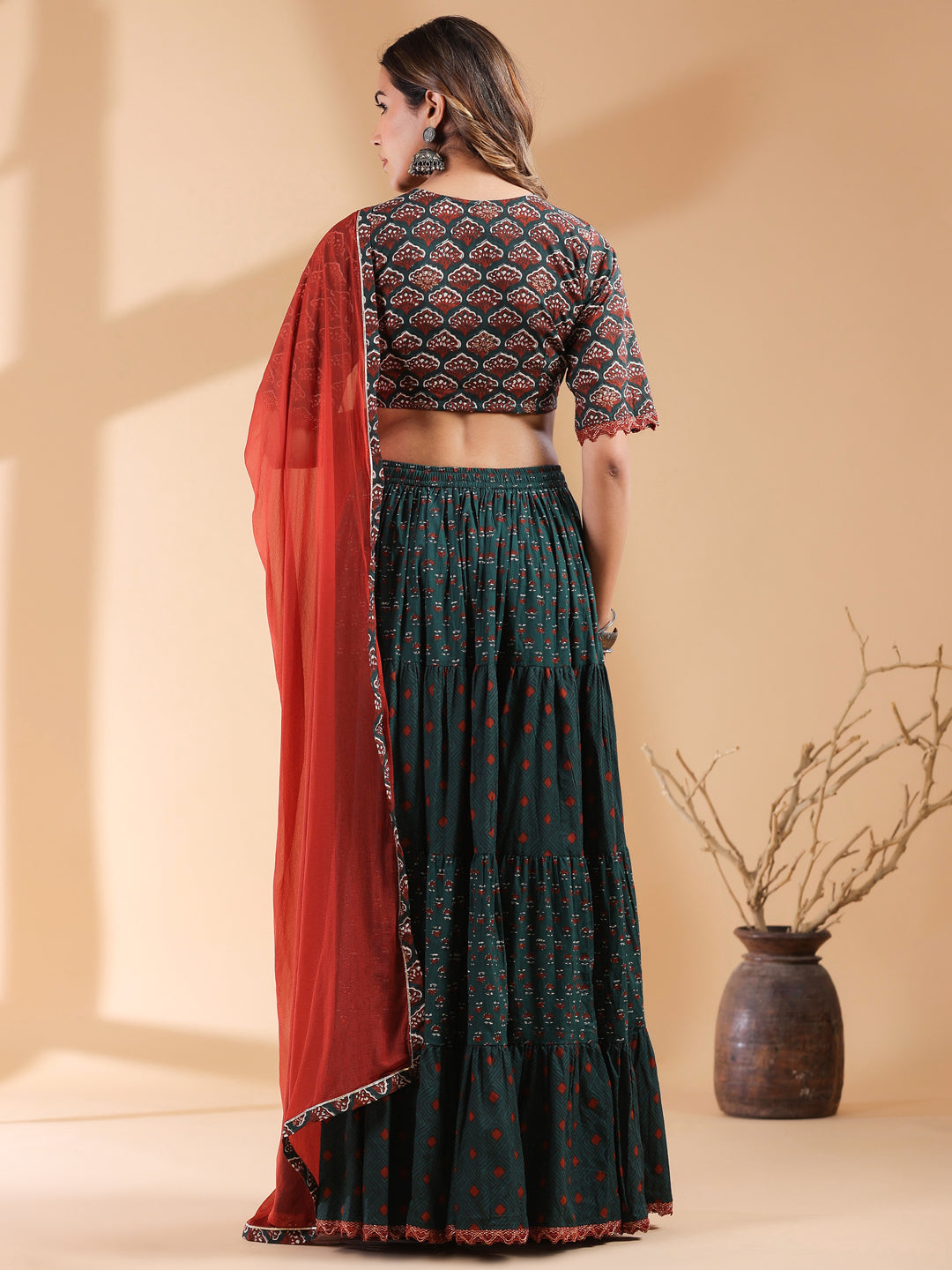 Dark Green Cotton Printed Lehenga Choli Set