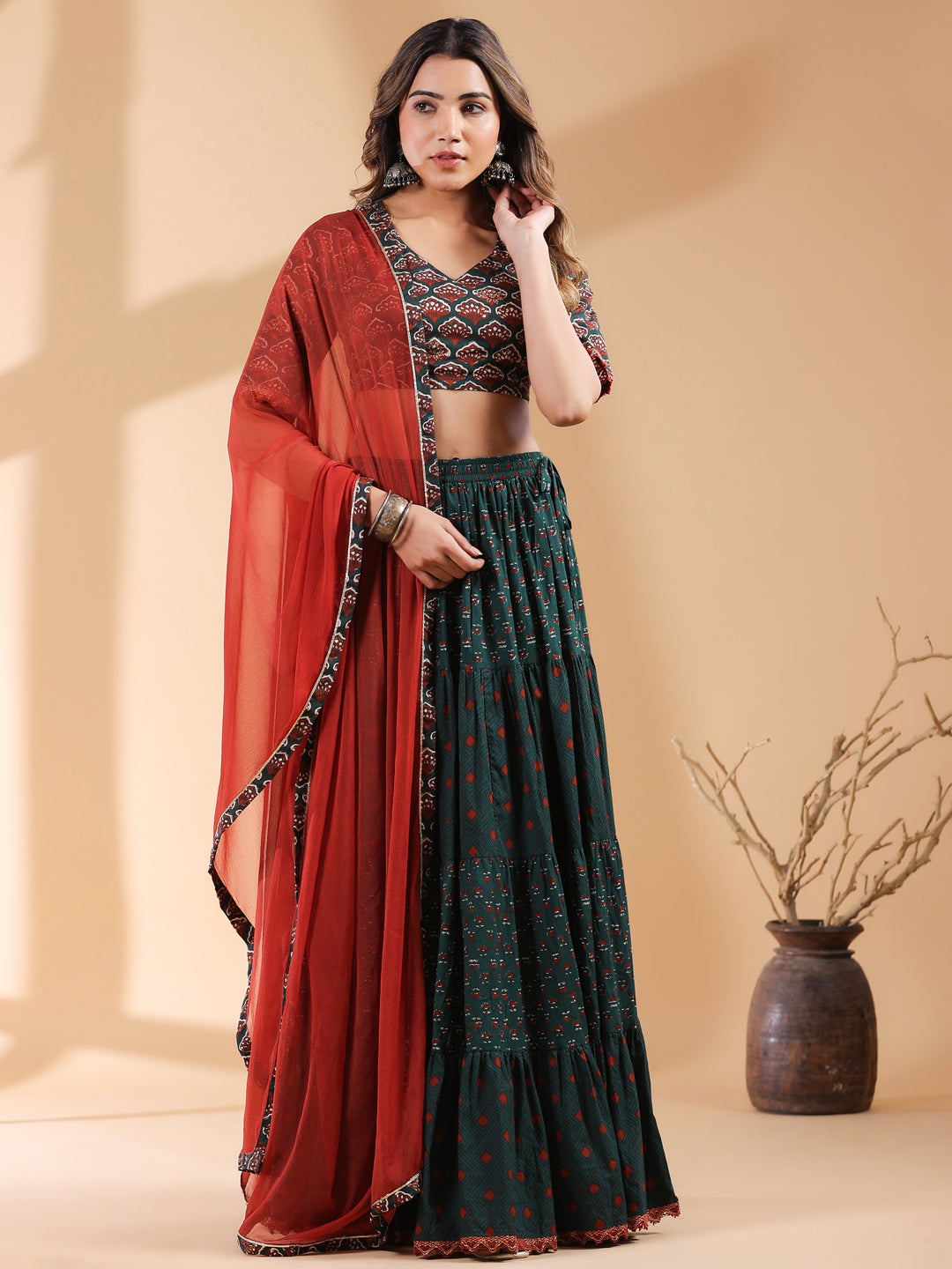 Dark Green Cotton Printed Lehenga Choli Set