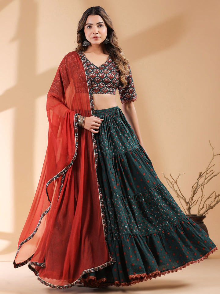 Dark Green Cotton Printed Lehenga Choli Set