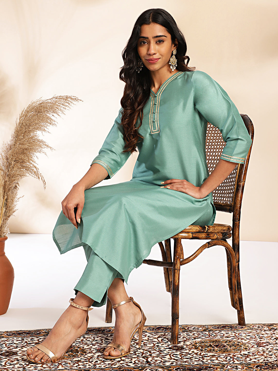 Sage-Green-Crepe-Silk-V-Neck-2-Piece-Kurta-Set