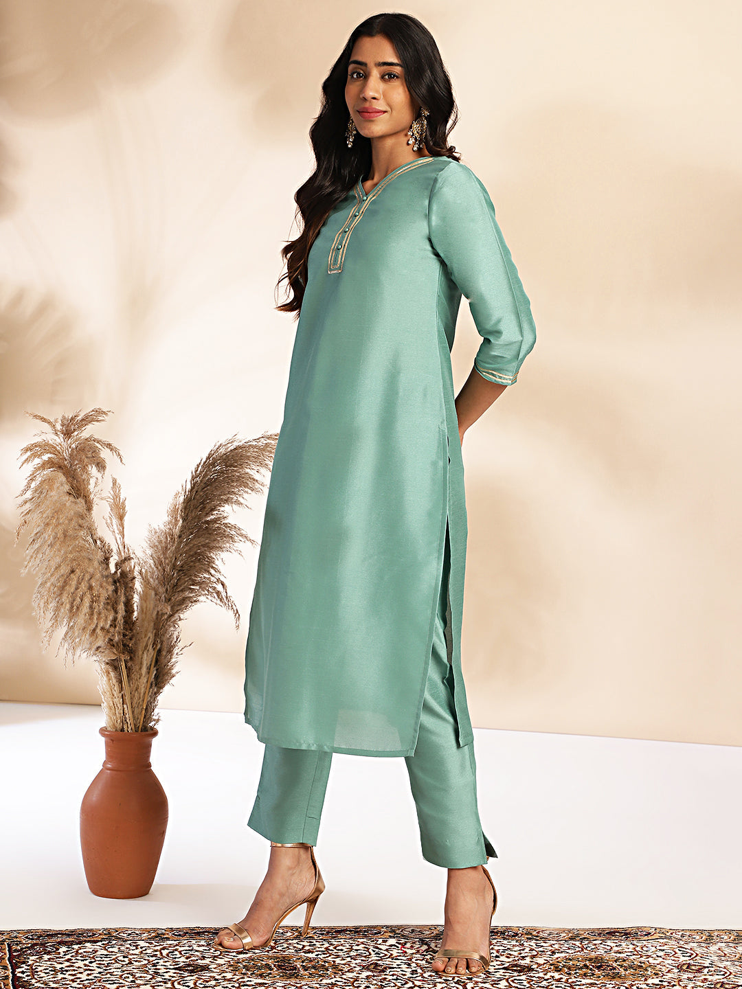 Sage-Green-Crepe-Silk-V-Neck-2-Piece-Kurta-Set