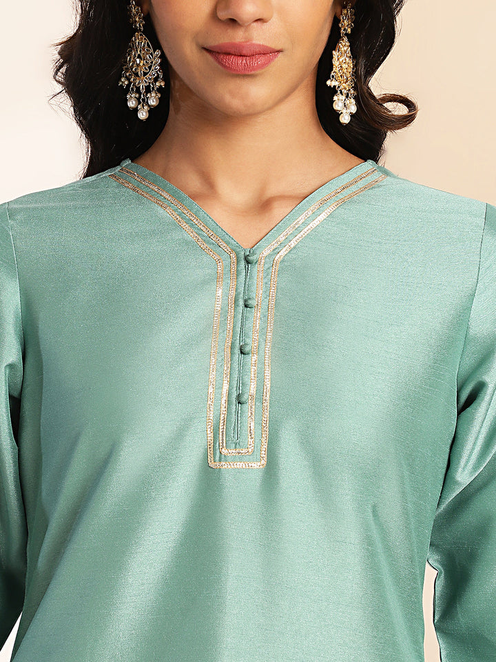 Sage-Green-Crepe-Silk-V-Neck-2-Piece-Kurta-Set