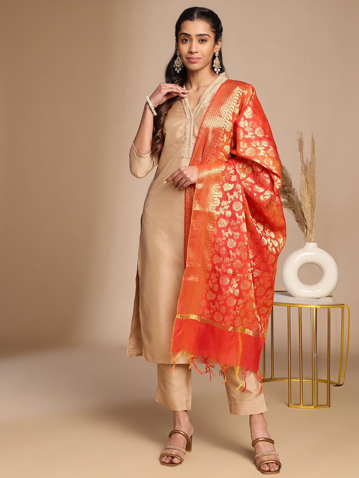 Beige-Crepe-Silk-V-Neck-3-Piece-Kurta-Set