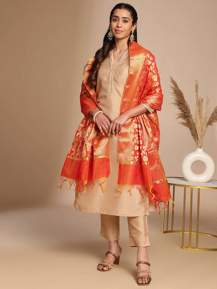 Beige-Crepe-Silk-V-Neck-3-Piece-Kurta-Set