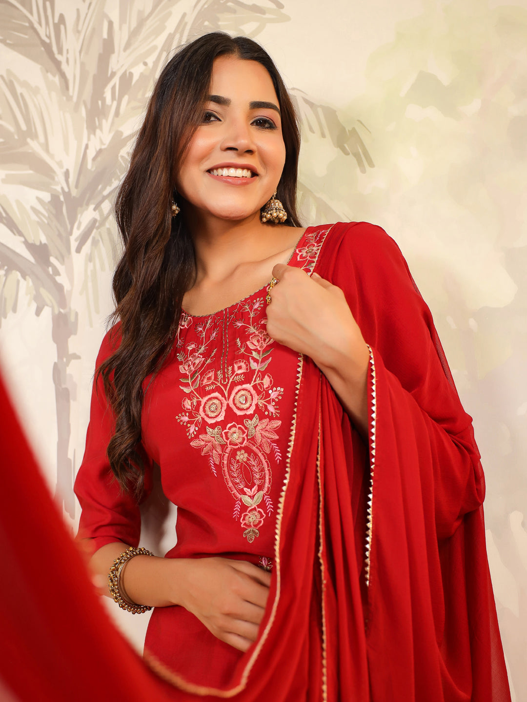 Maroon-Chanderi-Straight-Embroidered-3-Piece-Kurta-Set