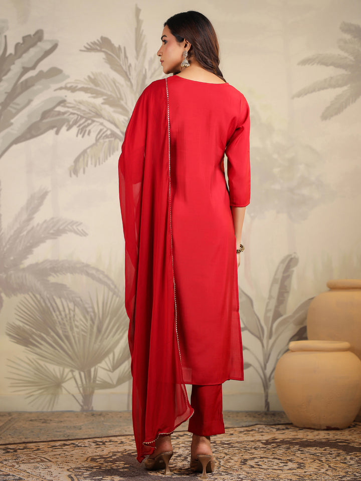 Maroon Chanderi Straight Embroidered 3-Piece Kurta Set