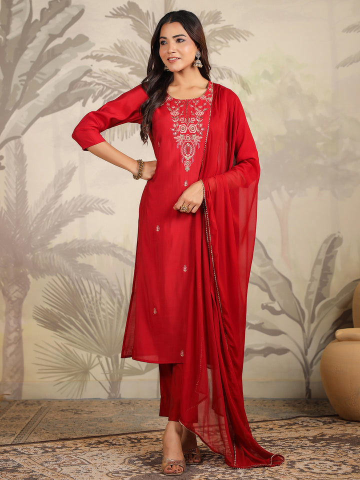 Maroon Chanderi Straight Embroidered 3-Piece Kurta Set