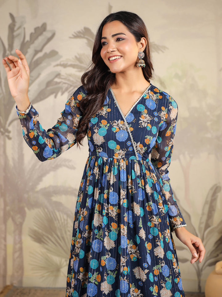 Dark Blue Lurex Chiffon Floral Kurta Set