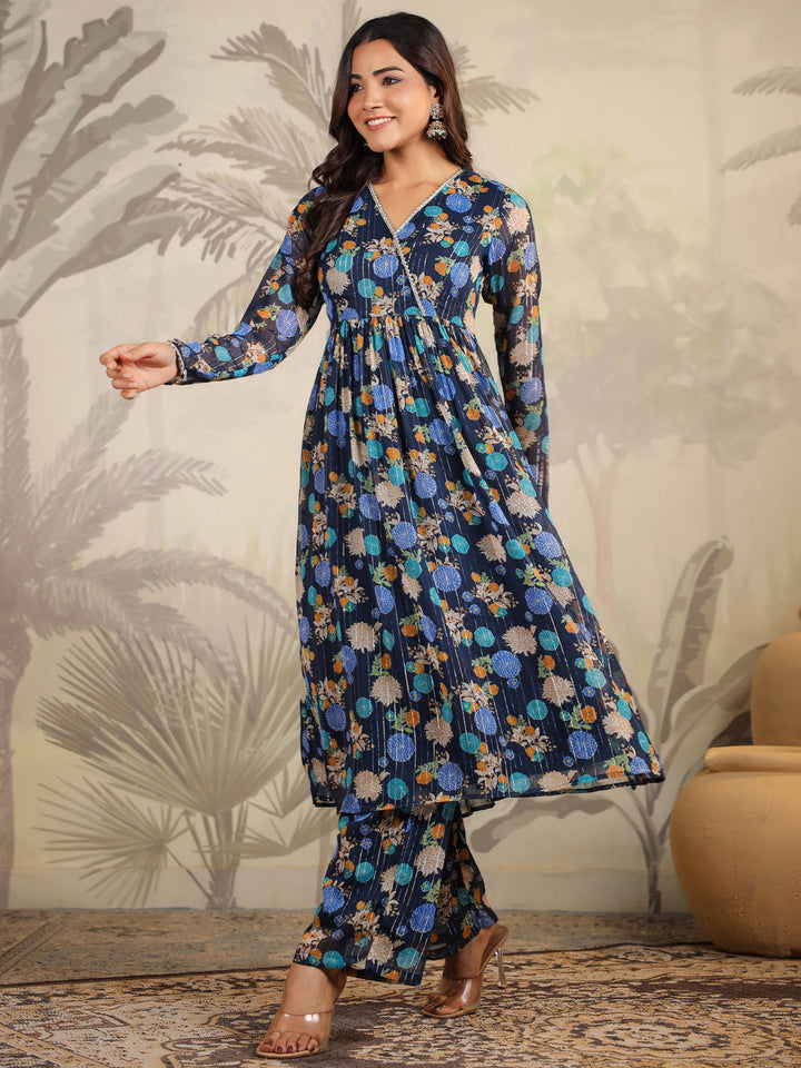 Dark Blue Lurex Chiffon Floral Kurta Set