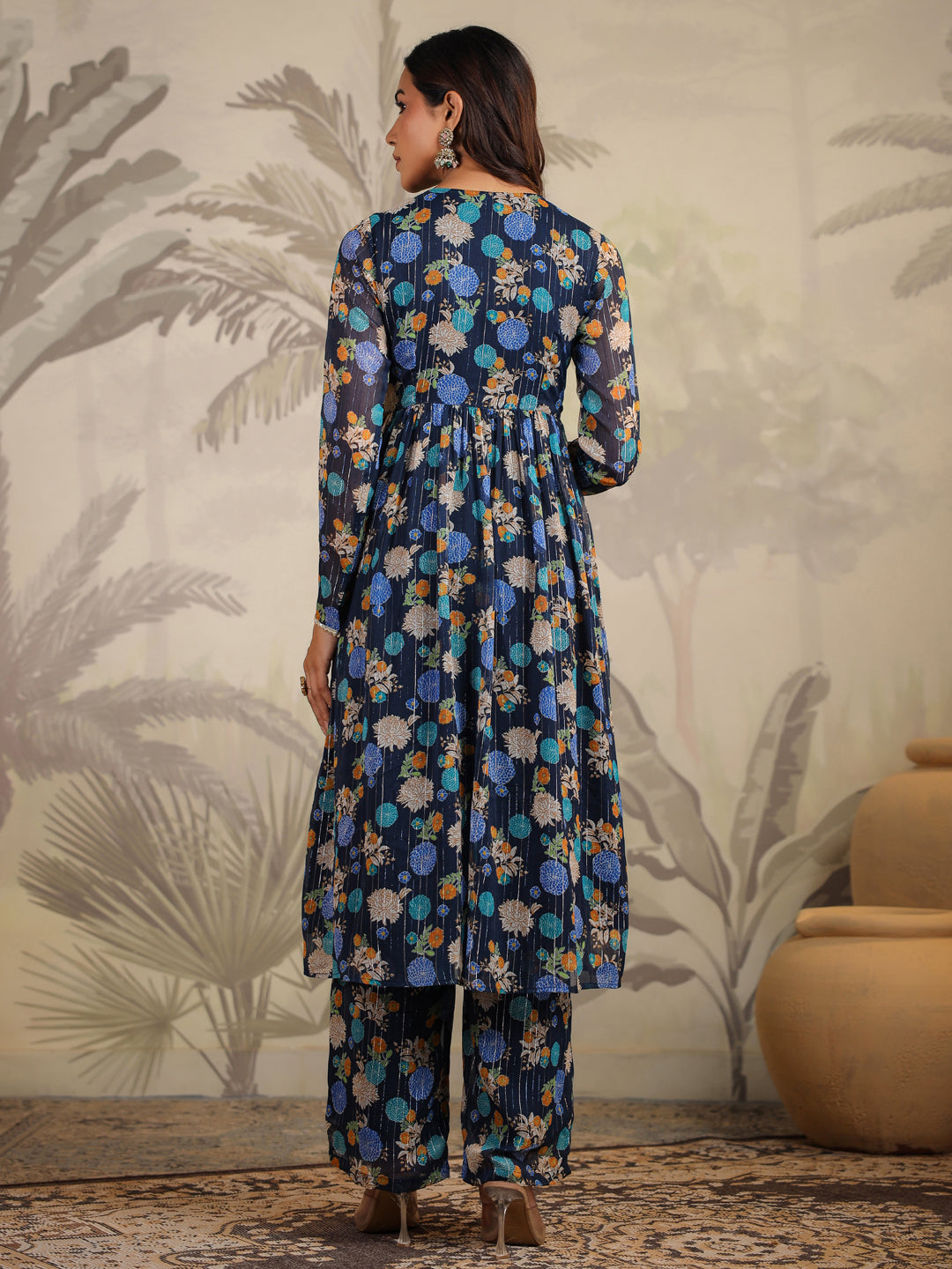 Dark Blue Lurex Chiffon Floral Kurta Set