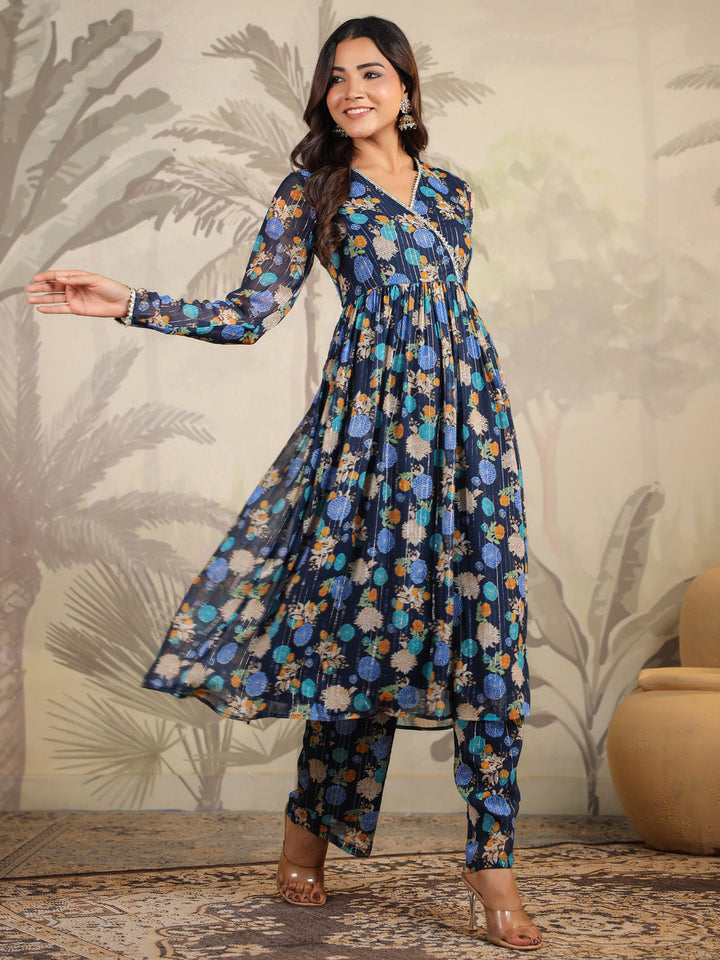 Dark Blue Lurex Chiffon Floral Kurta Set