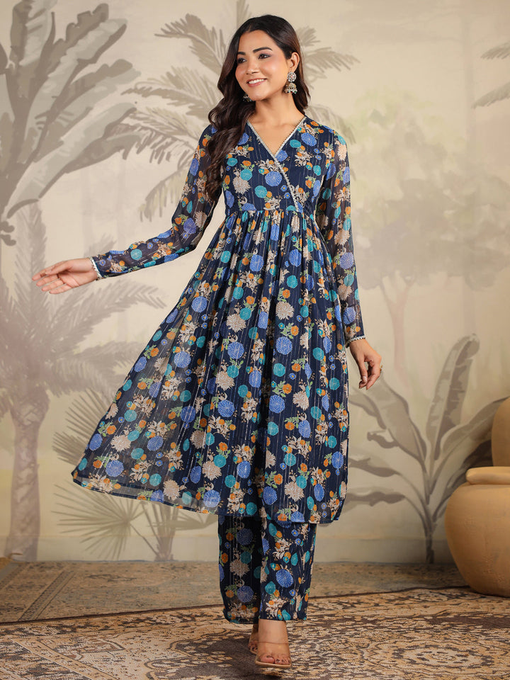 Dark Blue Lurex Chiffon Floral Kurta Set