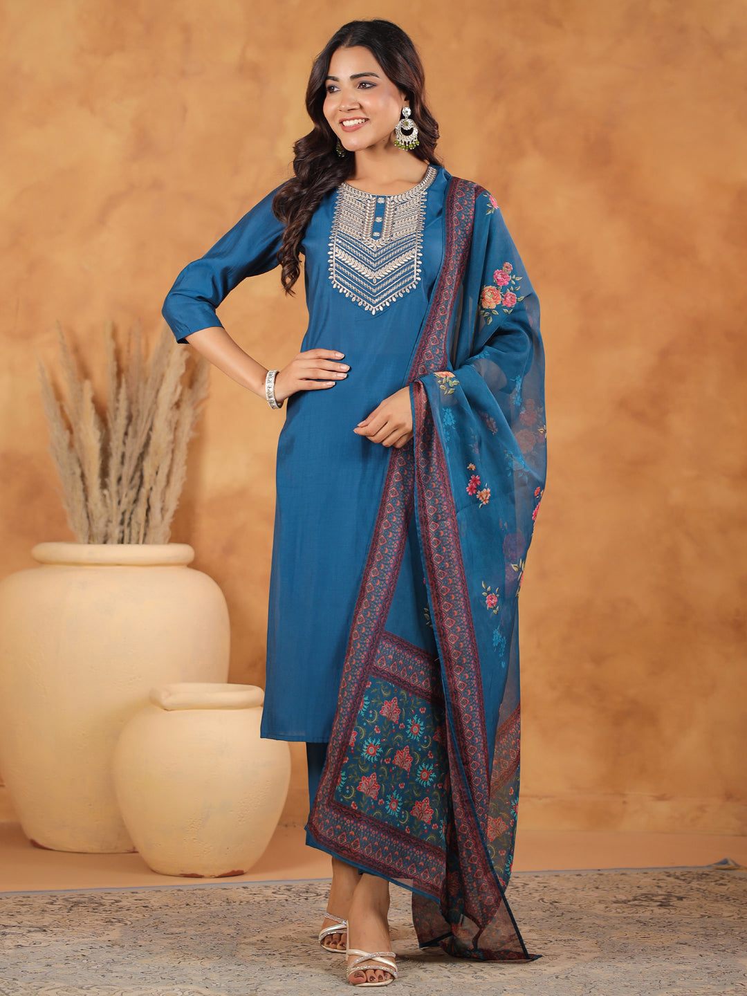 Blue Silk Blend Straight Yoke Embroidery 3-Piece Kurta Set