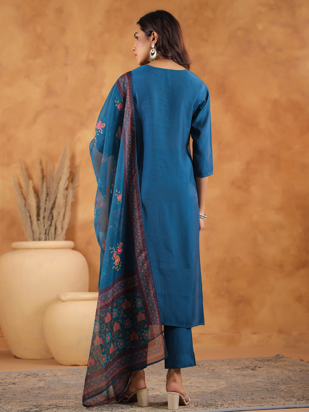 Blue Silk Blend Straight Yoke Embroidery 3-Piece Kurta Set