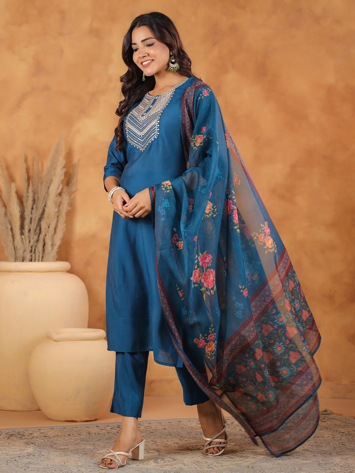 Blue Silk Blend Straight Yoke Embroidery 3-Piece Kurta Set