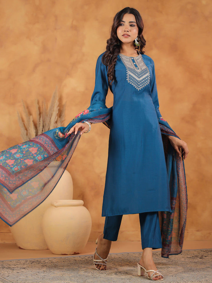 Blue Silk Blend Straight Yoke Embroidery 3-Piece Kurta Set