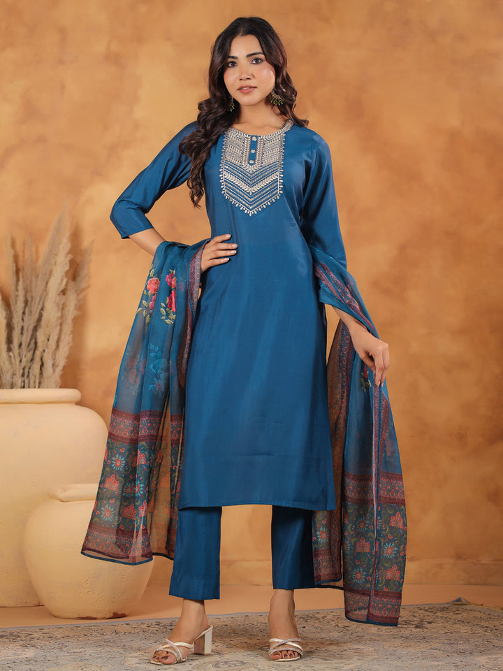 Blue Silk Blend Straight Yoke Embroidery 3-Piece Kurta Set