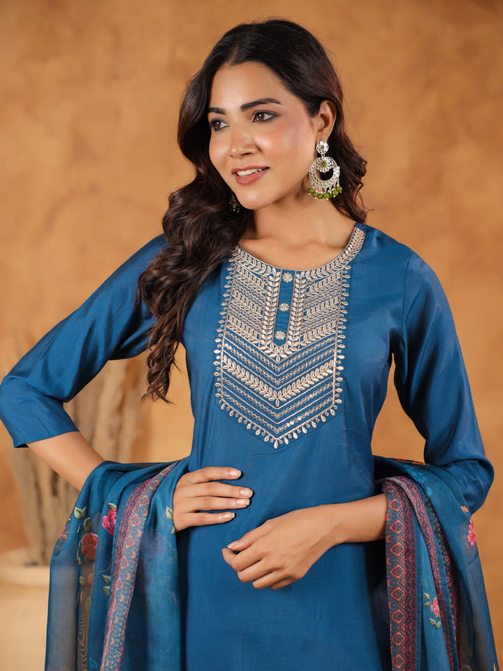 Blue Silk Blend Straight Yoke Embroidery 3-Piece Kurta Set
