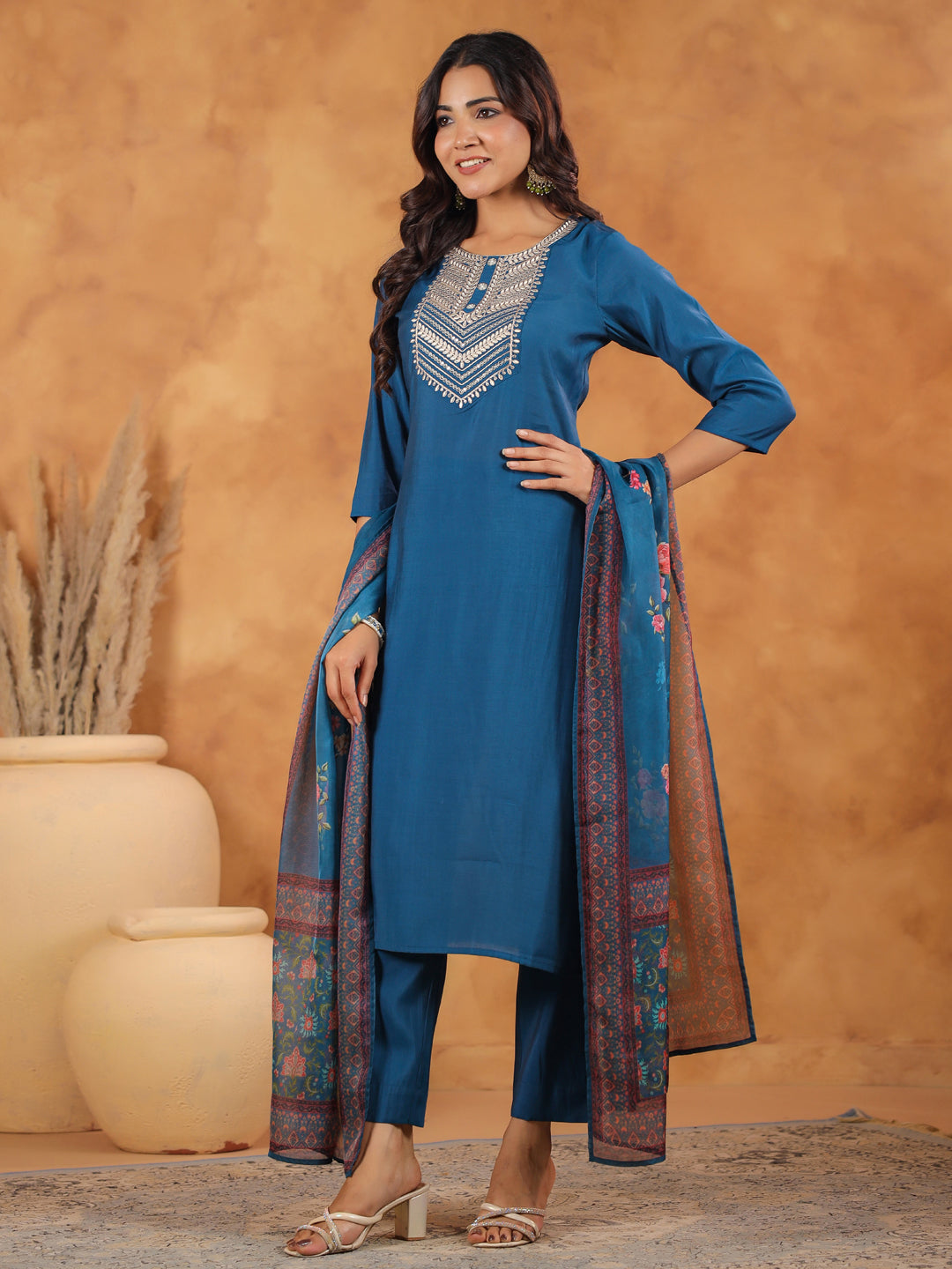 Blue Silk Blend Straight Yoke Embroidery 3-Piece Kurta Set
