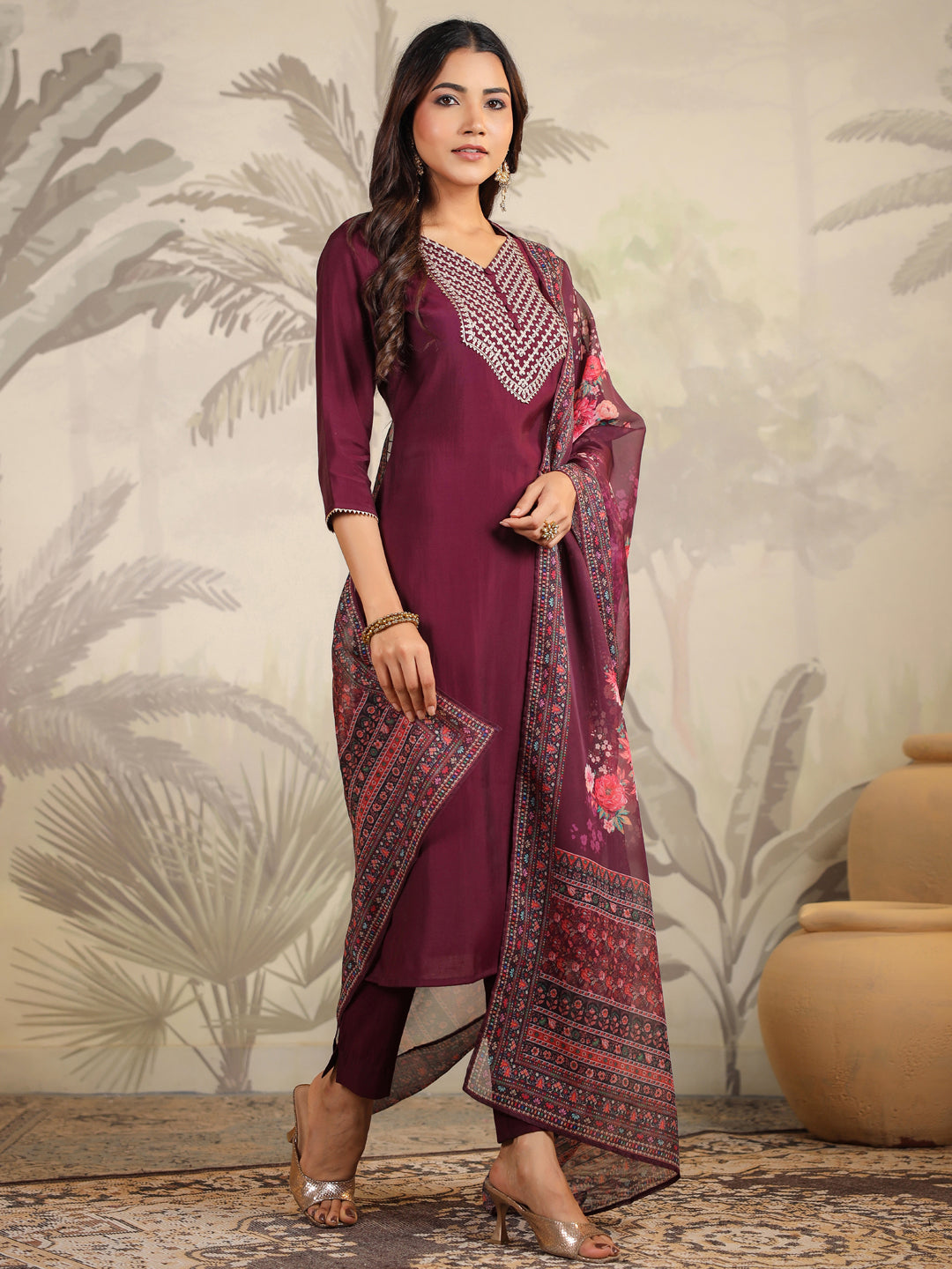 Purple Chanderi Straight Yoke Embroidery 3-Piece Kurta Set