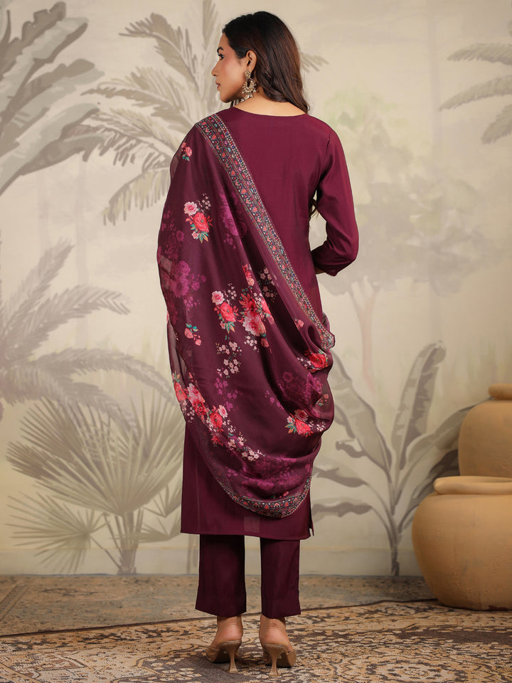 Purple Chanderi Straight Yoke Embroidery 3-Piece Kurta Set