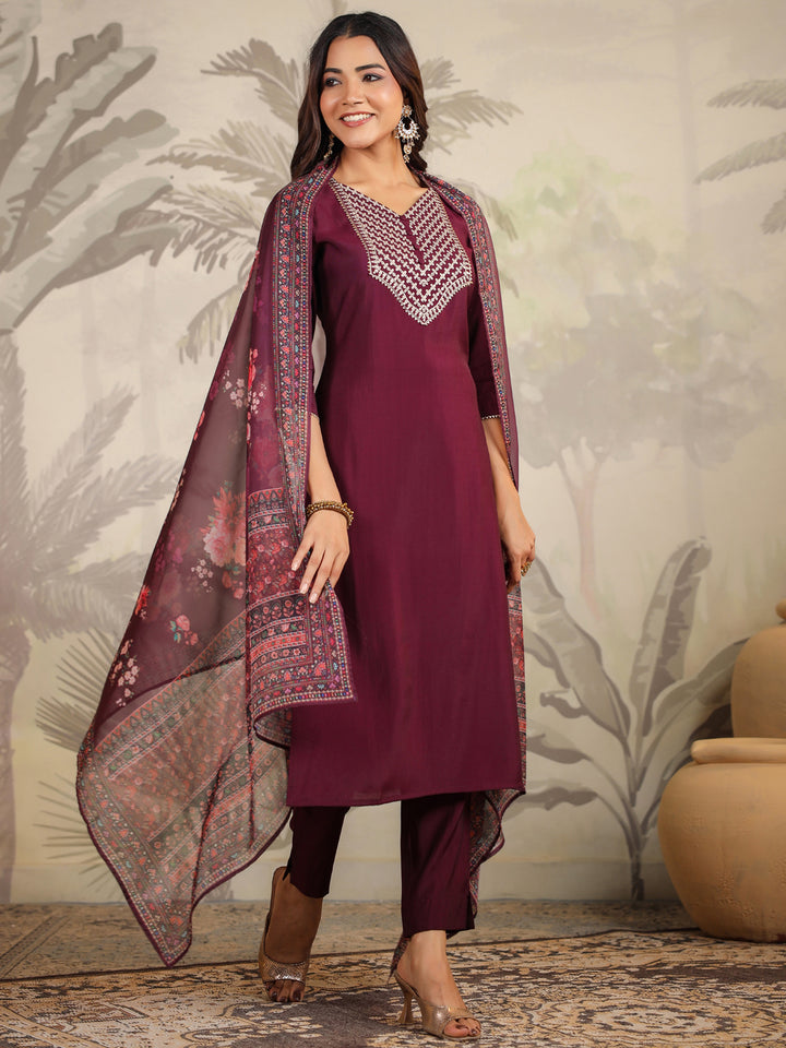 Purple Chanderi Straight Yoke Embroidery 3-Piece Kurta Set