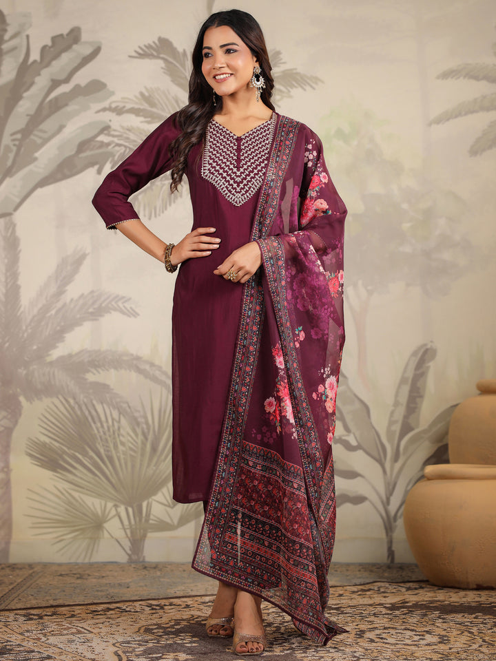 Purple Chanderi Straight Yoke Embroidery 3-Piece Kurta Set