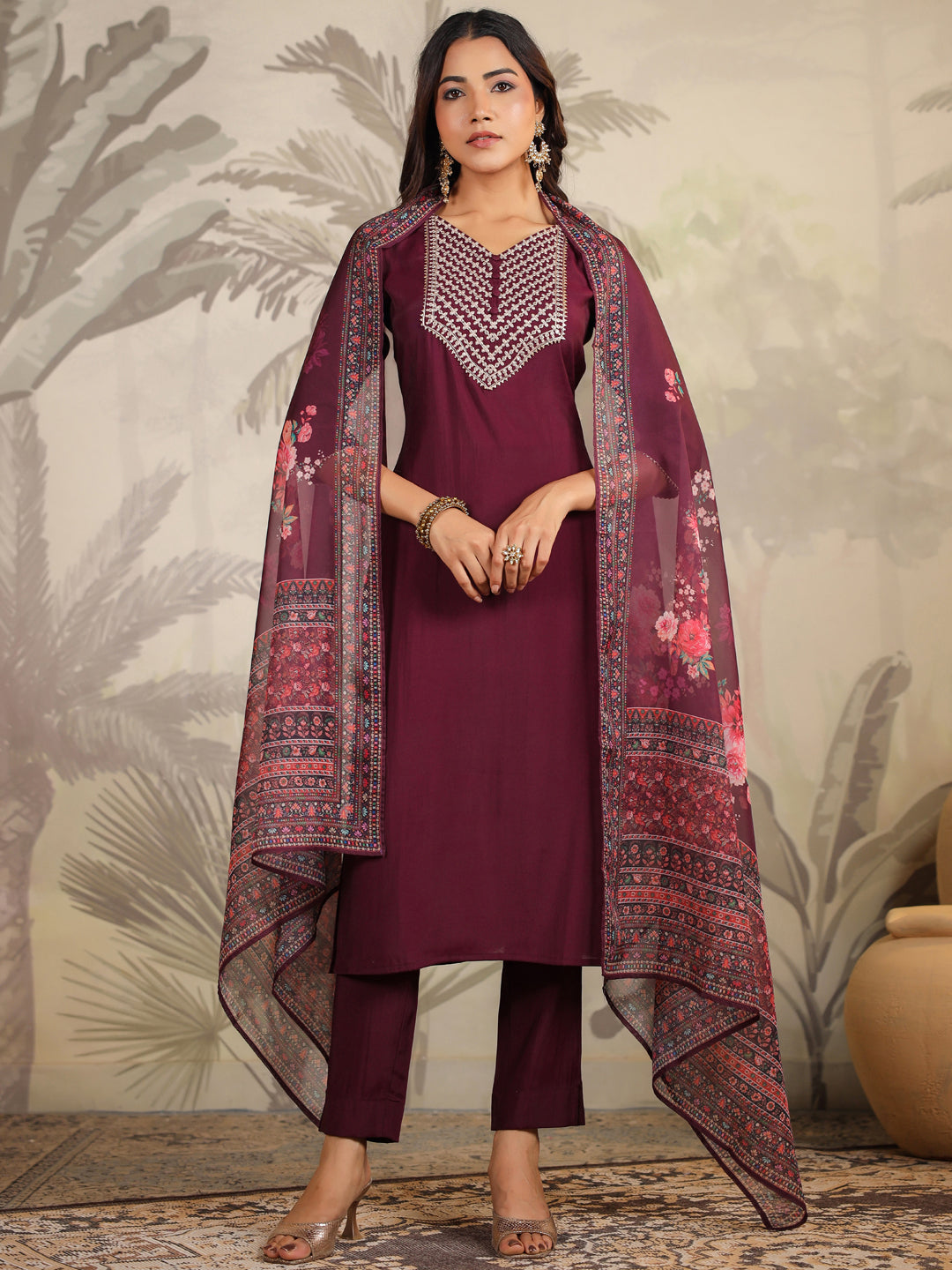 Purple Chanderi Straight Yoke Embroidery 3-Piece Kurta Set