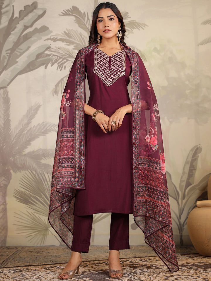 Purple Chanderi Straight Yoke Embroidery 3-Piece Kurta Set