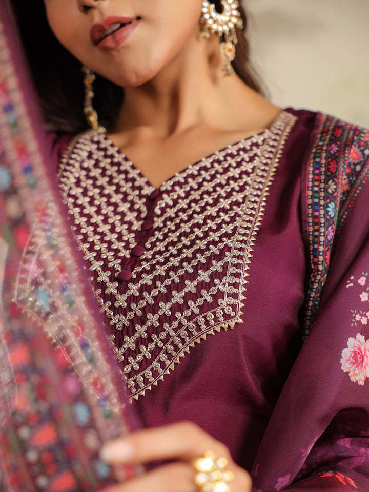 Purple Chanderi Straight Yoke Embroidery 3-Piece Kurta Set