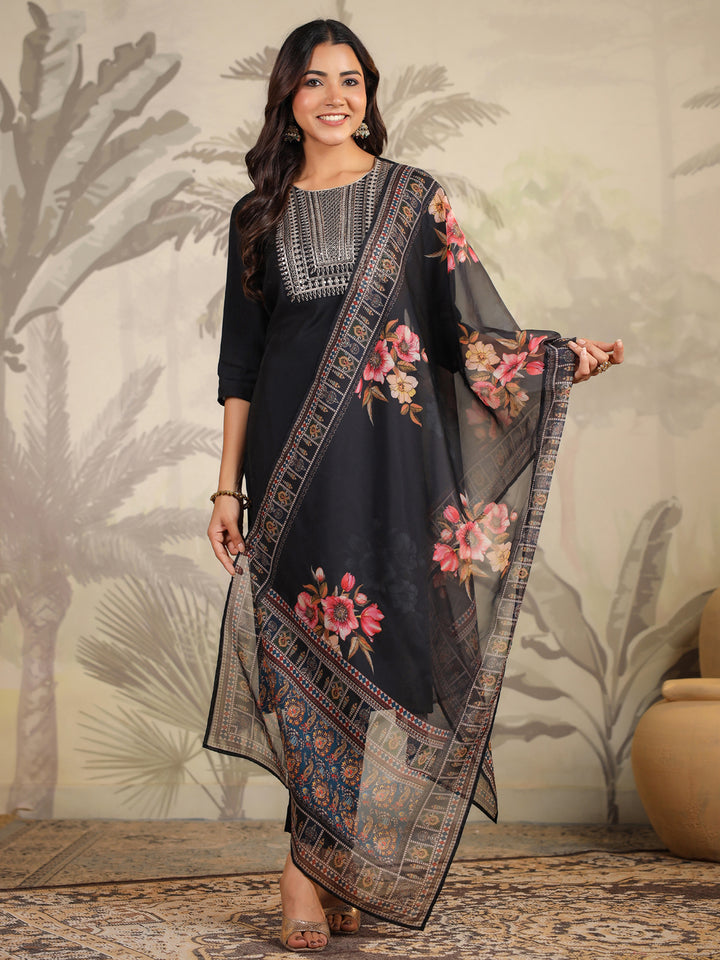 Black Chanderi Straight Yoke Embroidery 3-Piece Kurta Set