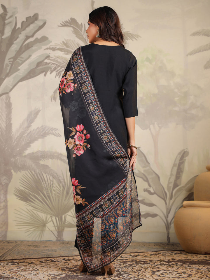 Black Chanderi Straight Yoke Embroidery 3-Piece Kurta Set