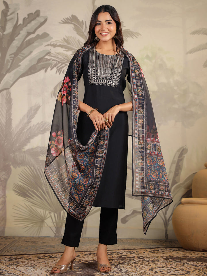 Black Chanderi Straight Yoke Embroidery 3-Piece Kurta Set