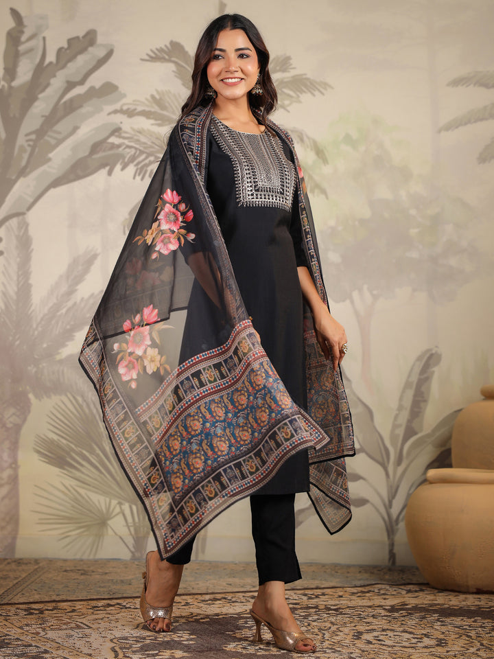 Black Chanderi Straight Yoke Embroidery 3-Piece Kurta Set