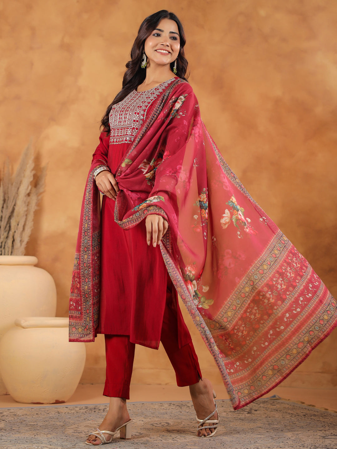 Maroon Chanderi Straight Yoke Embroidery 3-Piece Kurta Set