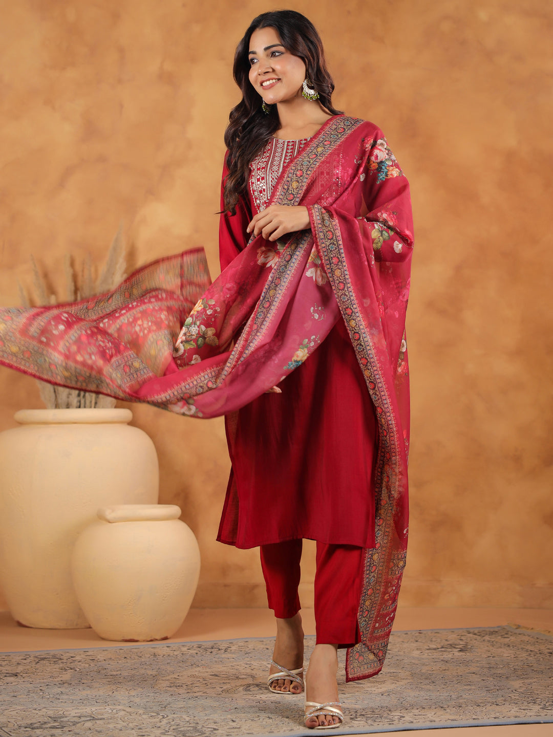Maroon Chanderi Straight Yoke Embroidery 3-Piece Kurta Set