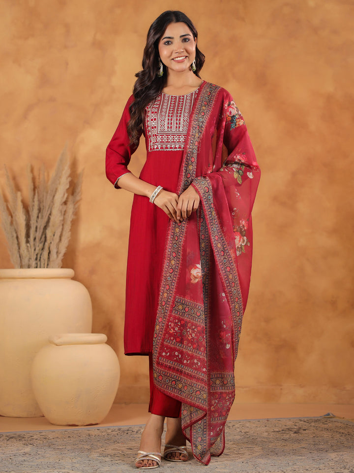 Maroon Chanderi Straight Yoke Embroidery 3-Piece Kurta Set