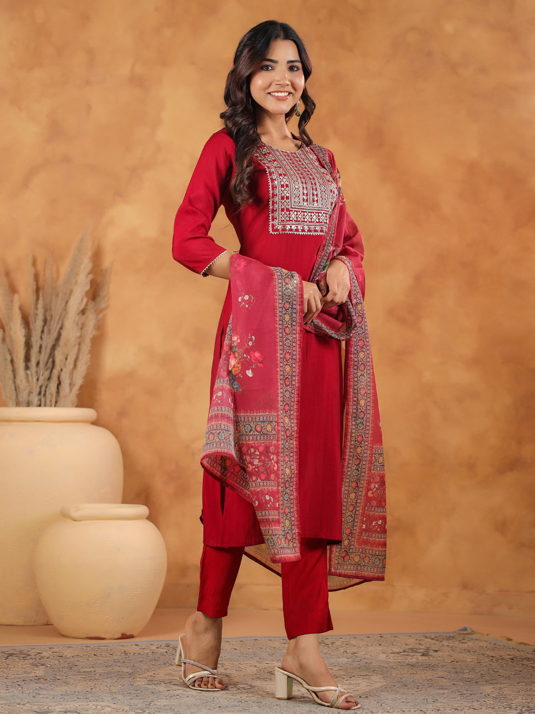 Maroon Chanderi Straight Yoke Embroidery 3-Piece Kurta Set