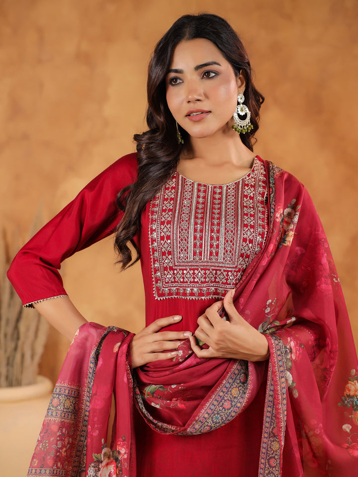 Maroon Chanderi Straight Yoke Embroidery 3-Piece Kurta Set