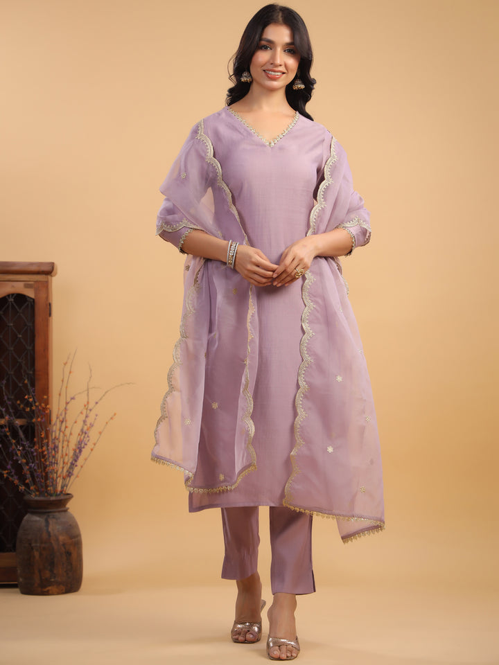 Lavender Chanderi Straight Solid 3-Piece Kurta Set